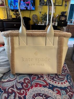 kate spade Cream and Beige Shearling Trim Tote